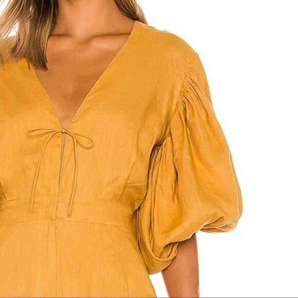 REVOLVE SWF Linen Romper Puff Sleeve V-Neck in Desert Gold NWT Feminine - Picture 3 of 8
